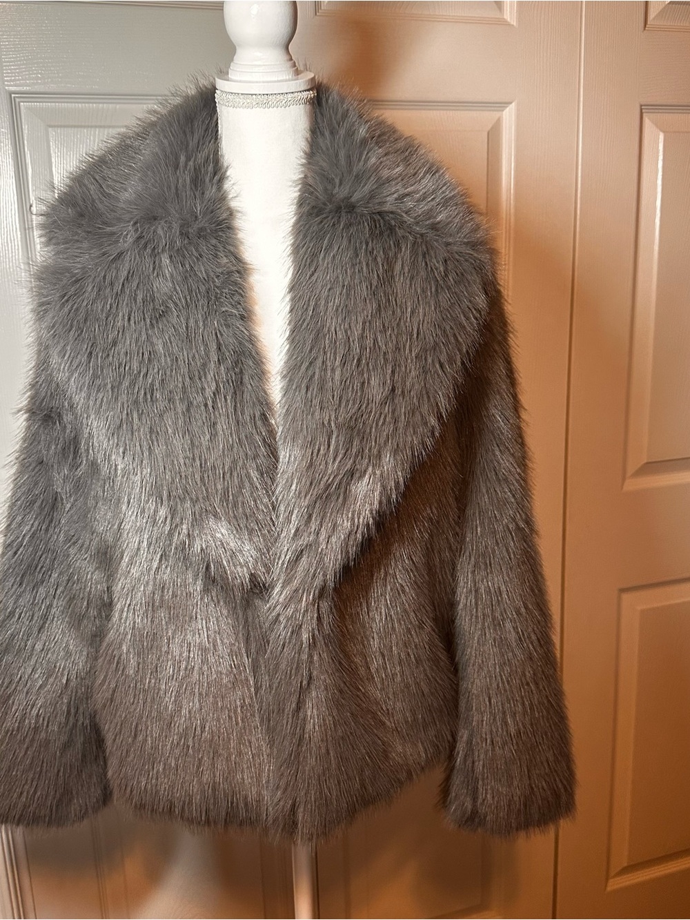 a new day Gray Faux Fur Teddy Jacket - Plush Shawl Collar